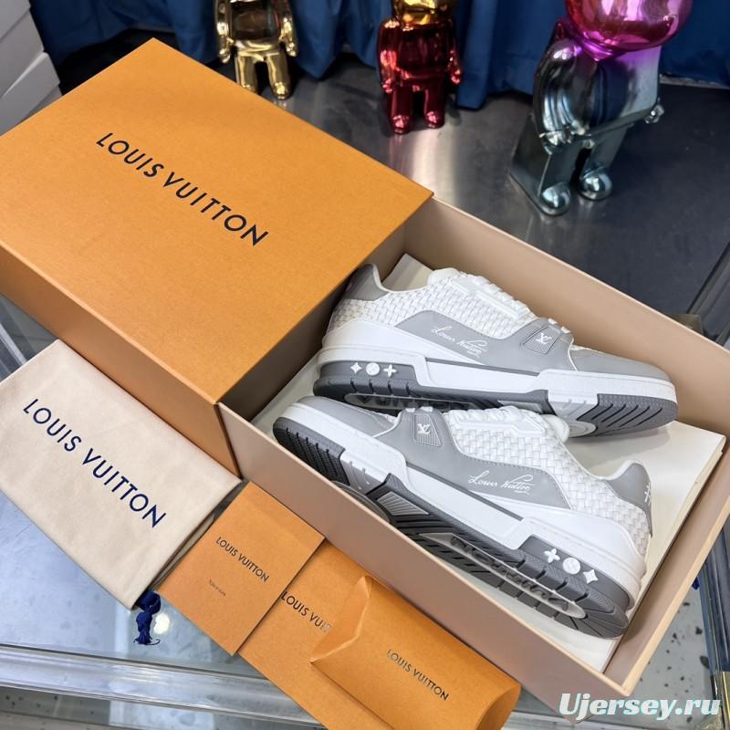 2025 Unisex Louis Vuitton White Grey Leather Fabric LV Trainer