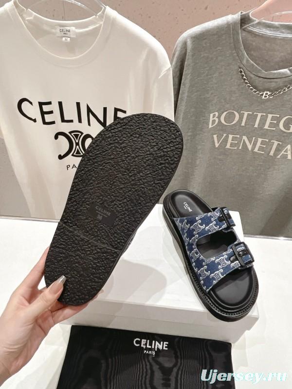 2025/Unisex CELINE Blue Denim Buckled Slide Sandals Stylish Comfort KFY00280