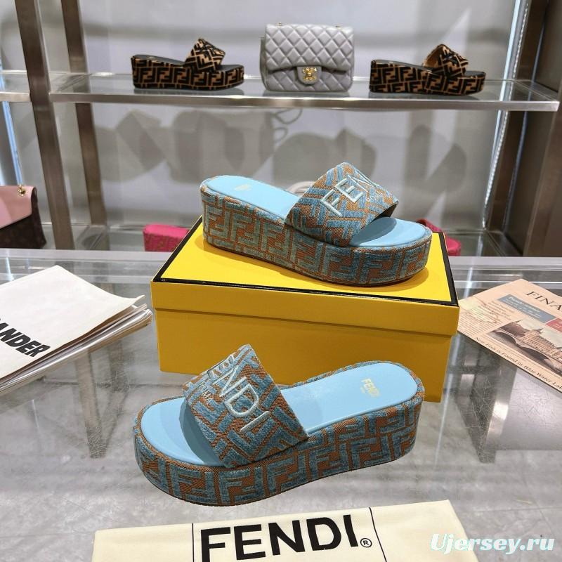 2025 Women Fendi Blue Brown Canvas Slippers