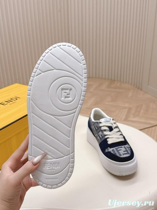 2025 Women Fendi Navy Grey Leather Canvas Sneakers LY00340