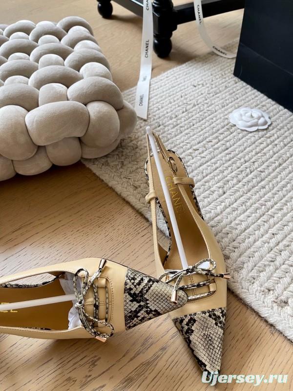 2025 Women Chanel Beige Snake Leather Heels KFY00320