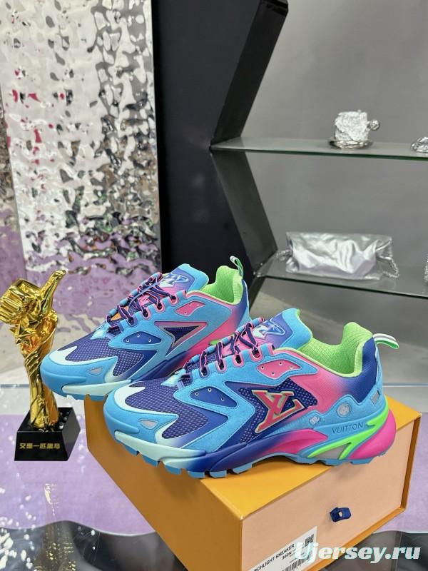 2025 Men Louis Vuitton Blue Pink Green Mesh Leather Sneakers MJ00420