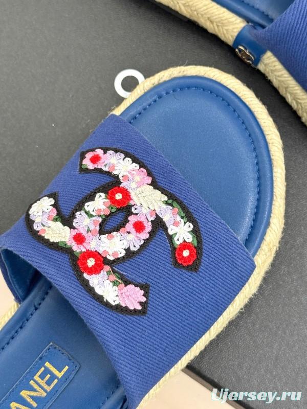 2025 CHANEL Blue Canvas Slippers Embroidered KFY00230