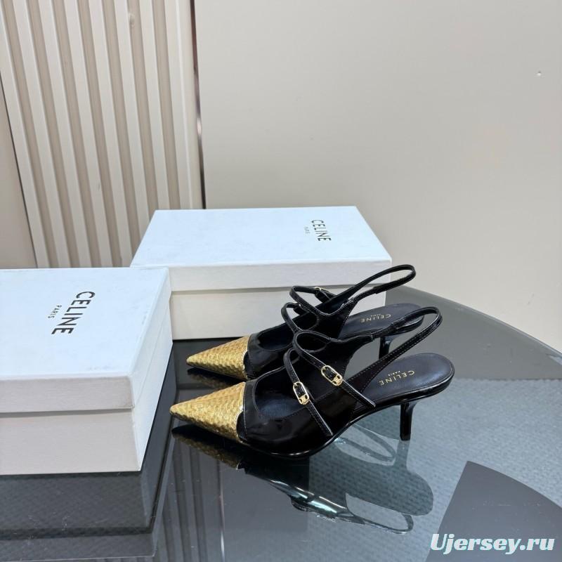 2025 Women CELIN* Black Gold Leather Pointed Toe Slingback Heels