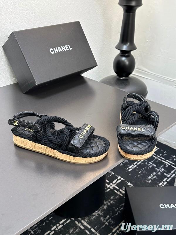 2025 Slippers Chanel Black Rope Leather Sandal LY00260