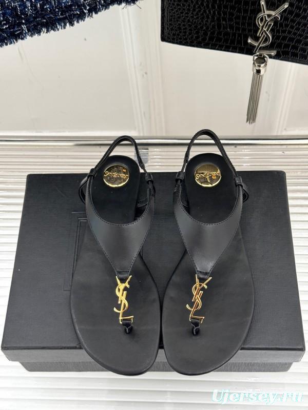 2025 Women Yves Saint Laurent Black Leather Sandals KFY00270