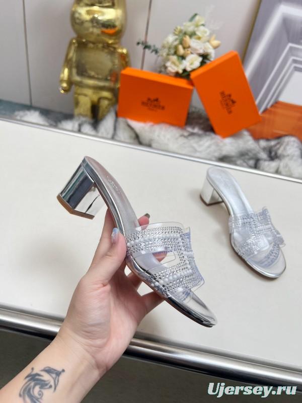 2025 Slippers Hermès Silver Leather Slippers MJ00180/215