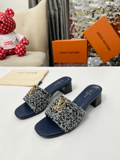 2025 Women Louis Vuitton Navy White Tweed Leather Heeled Sandals LY00220