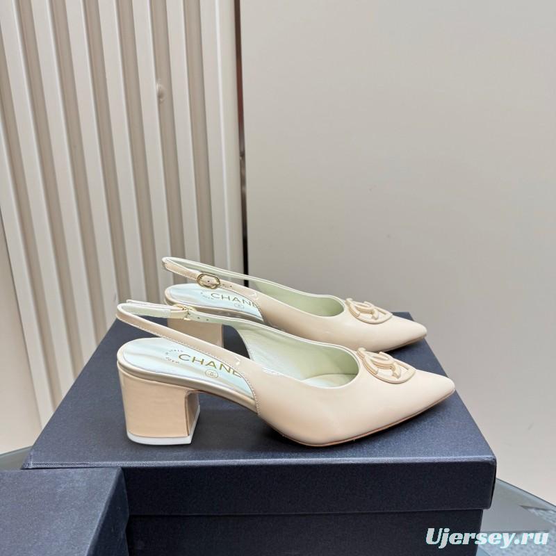 2025 Women Chanel Beige Patent Leather Slingback Heels