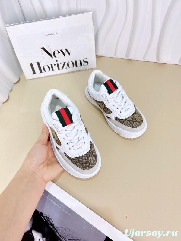 2024 Kids Gucci White Brown Cotton Leather Sneakers
