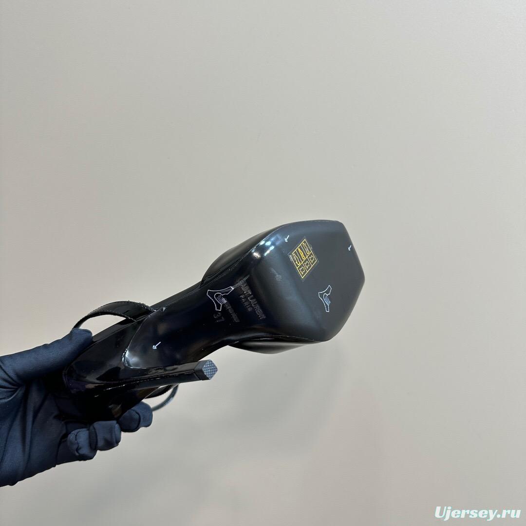 2025 Women Yves Saint Laurent Black Patent Leather High Heel Sandals