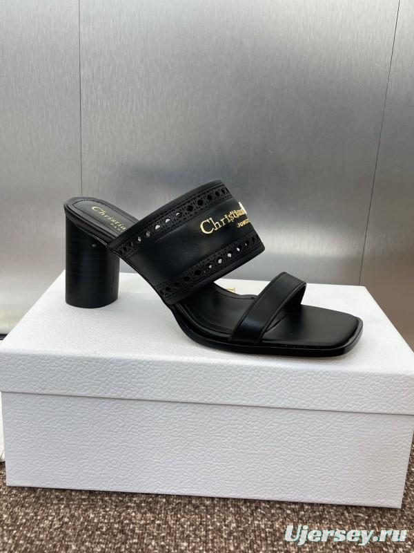 2024 Women Dior Black Leather Slide Sandals