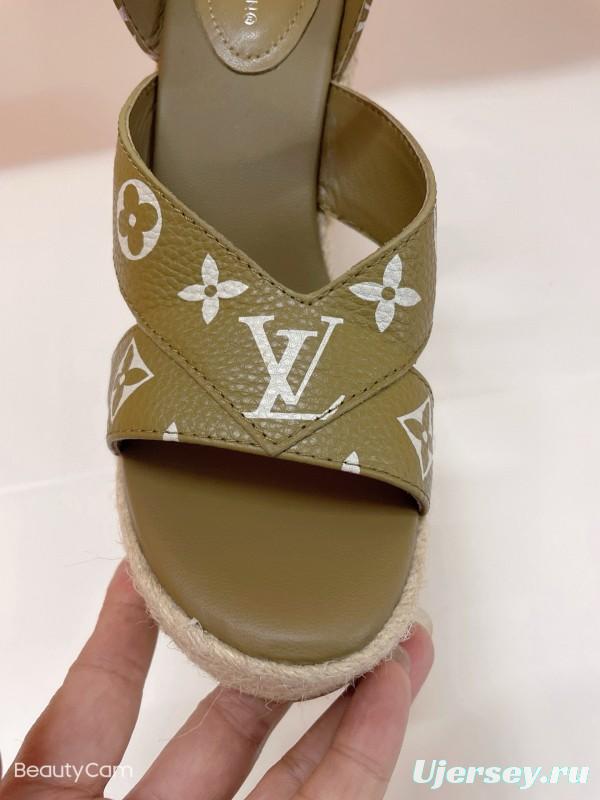 2025 Women Louis Vuitton Pink Beige Green Leather Denim Espadrilles Sandals MJ00280