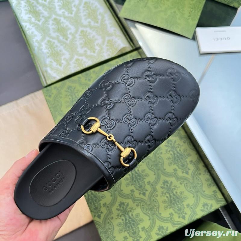 2024 Slippers Gucci Black Leather GG Pattern Horsebit MJ00280