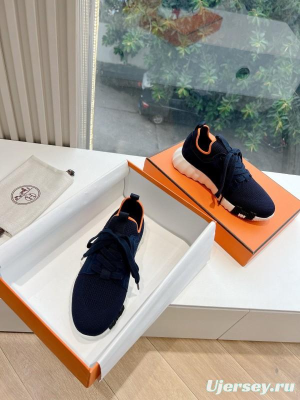 2024 Unisex Hermès爱马仕 Navy Orange White Knit Leather Sneakers MJ00290