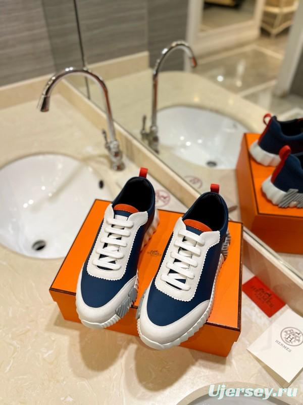 2024 Unisex Hermès Blue White Orange Imported Silk Lambskin Nubuck Sneakers MJ00320
