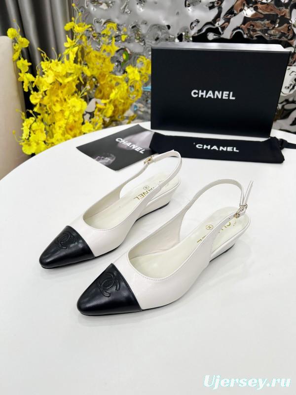 2025 Women Chanel White Black Leather Slingback Flats