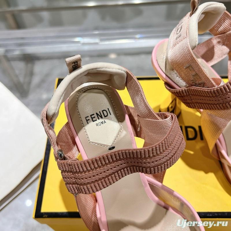2025 Women Fendi Pink Beige Fabric Leather High Heels