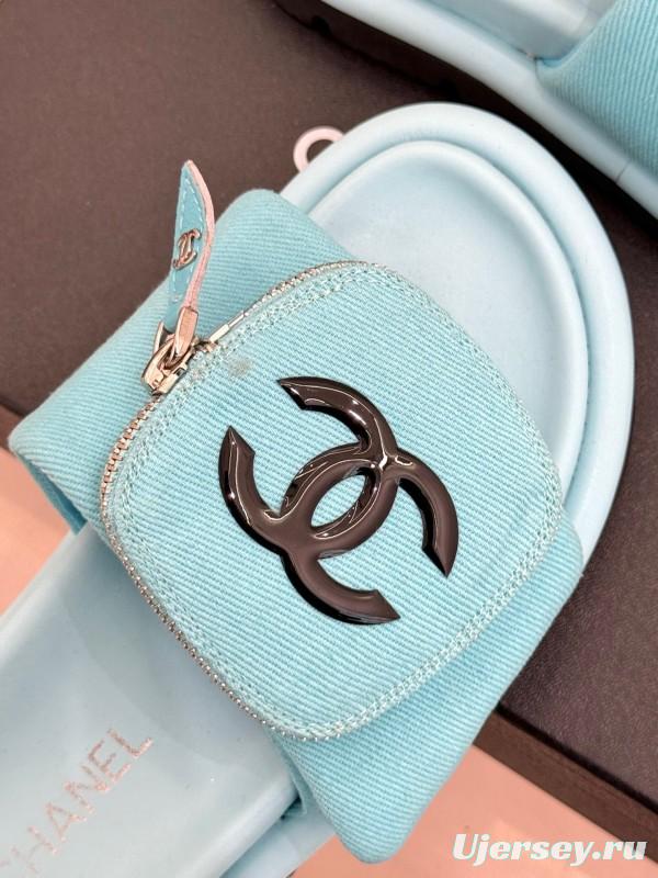 2025 Slippers Chanel Blue Fabric Slippers KFY00220