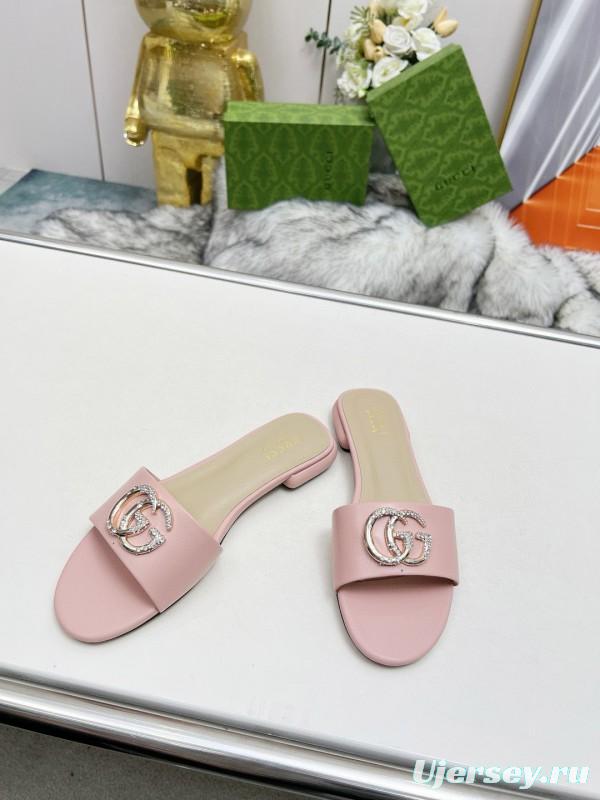 2025 Women Gucci Pink Leather Slippers GG Buckle MJ00190