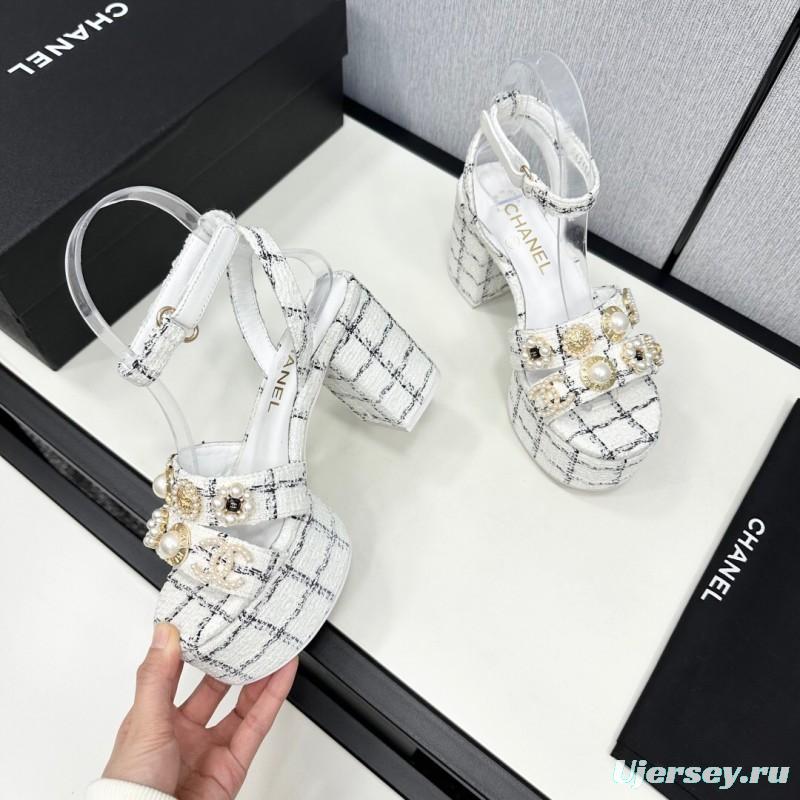 2025 Women Chanel White Black Fabric Platform Sandals Pearl Embellishment