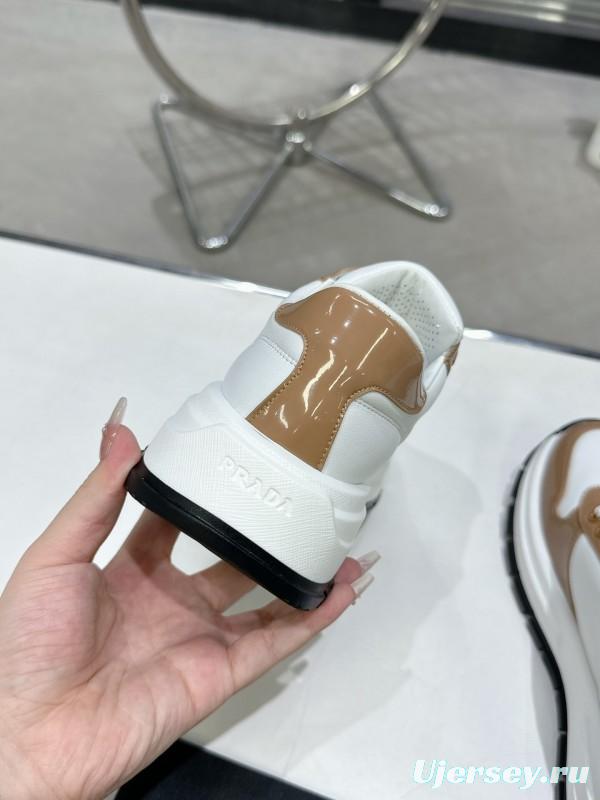 2025 Women Prada White Brown Leather Sneakers