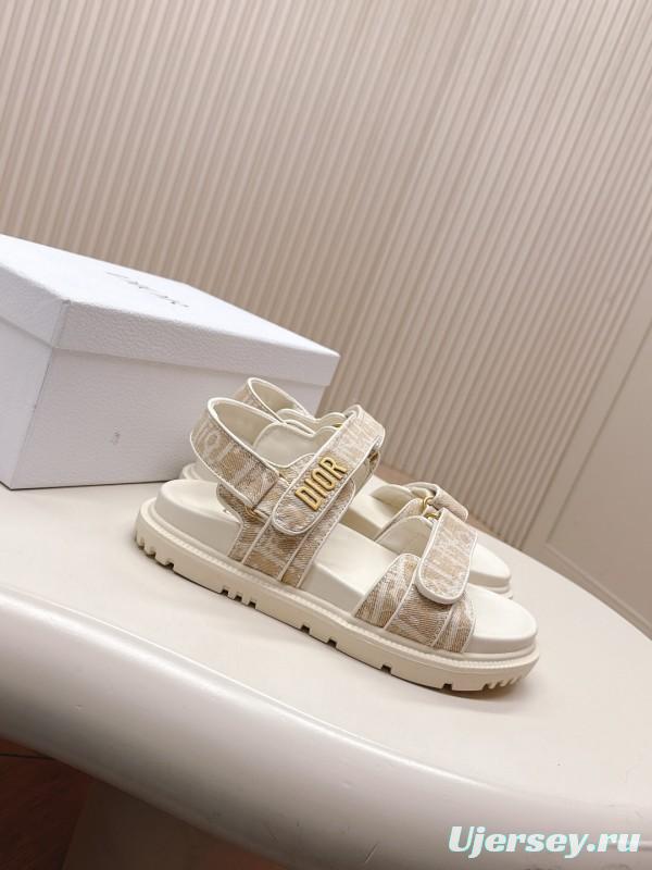 2025 Women Dior Beige Canvas Sandals Magic Tape LY
