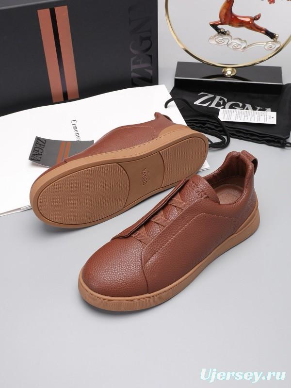 2024 Men Ermenegildo Zegna Brown Leather Low Top Sneakers MJ00240
