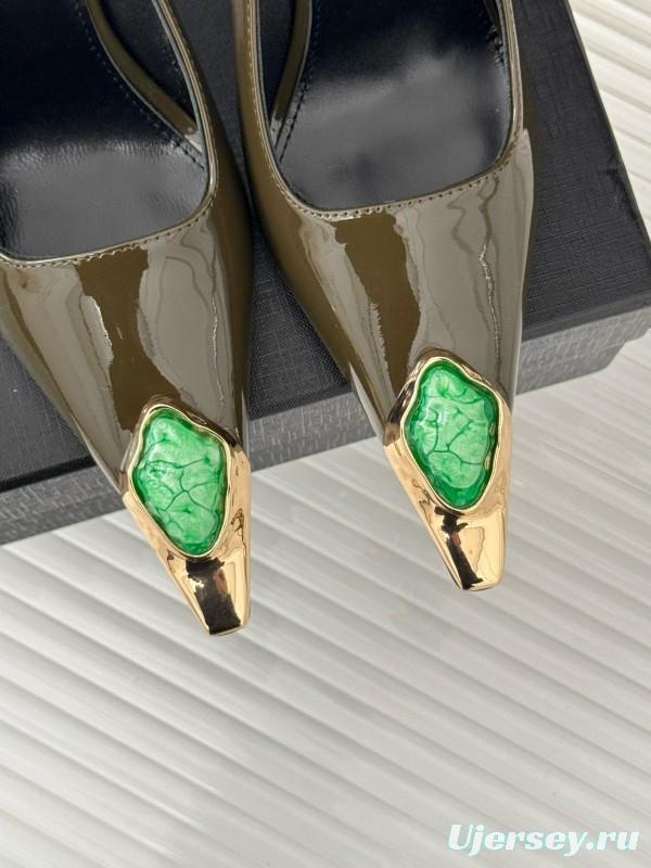 2024 Women Yves Saint Laurent Olive Green Patent Leather High Heel Gemstone MJ00330