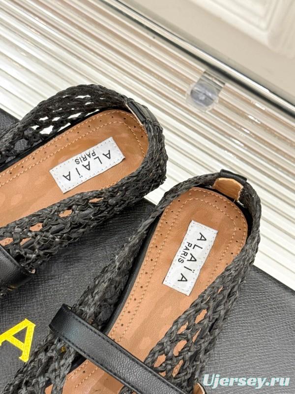 2025 Women AlAIA Black Leather Woven Mary Jane