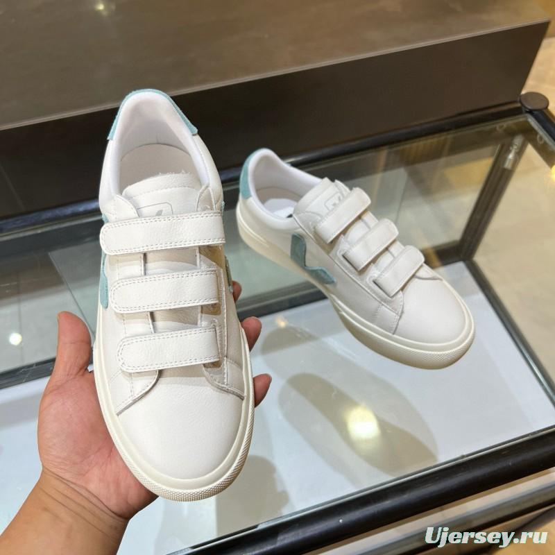 2025 Women VEJA White Blue Leather Canvas Vulcanized Sneakers MJ00240