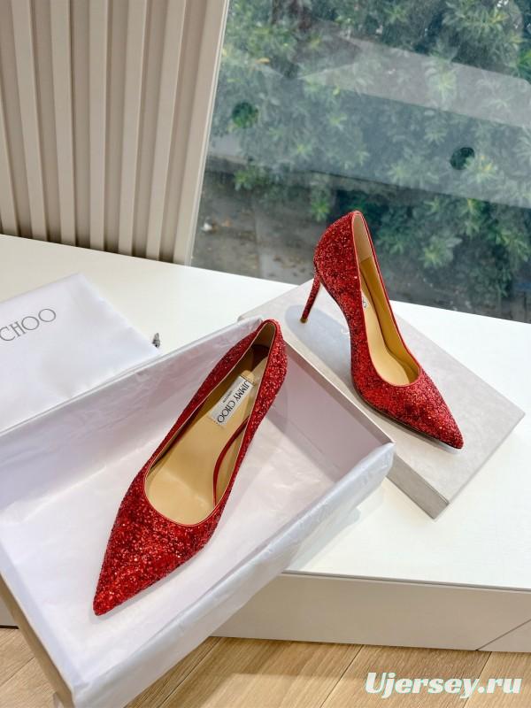 2025 Women Jimmy Choo Red Glitter Leather Pumps