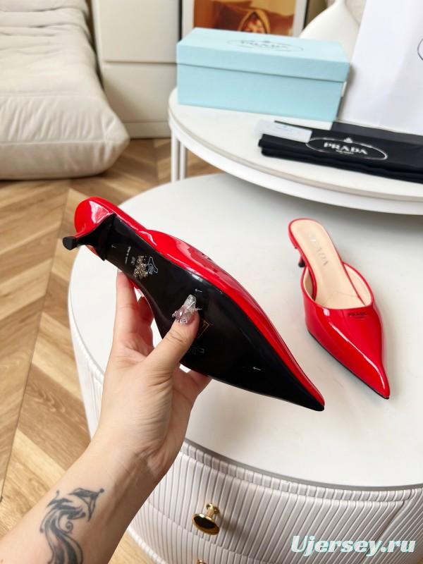 2025 Women Prada Red Patent Leather High Heel Mules LY
