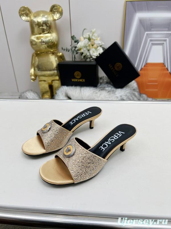 2025 Women VERSACE Gold Silk Rhinestone Heeled Sandals