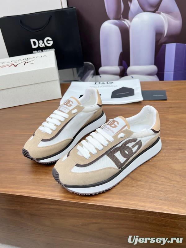 2025 Unisex Dolce & Gabbana White Beige Suede Mesh Sneakers LY00300