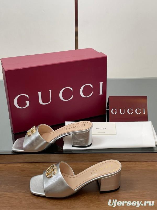 2025 Women Gucci Gold Leather Mules GG Emblem LY00280