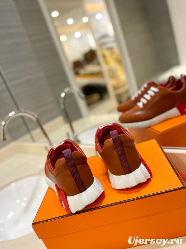 2024 Unisex Hermès Brown Red Imported Sheepskin Suede Silk Leather Casual Sneakers MJ00320