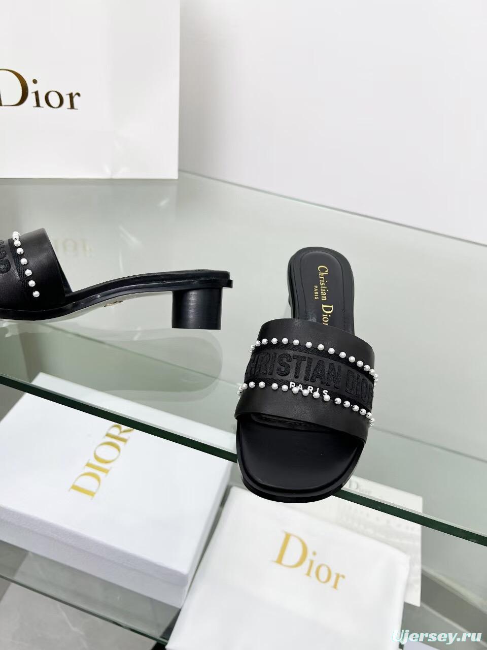 2025 Women Dior Black Leather Mules Pearl LY00210