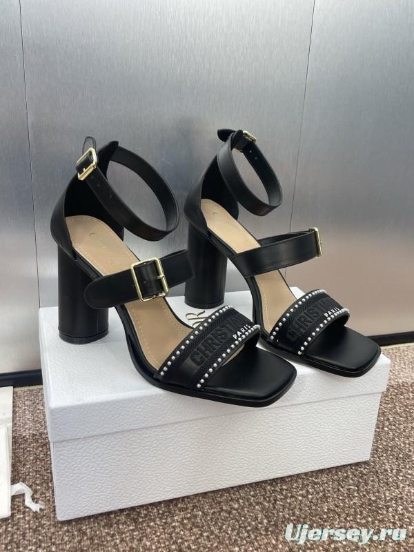 2025 Women Dior Black Leather High Heel Sandals Studded KFY00320
