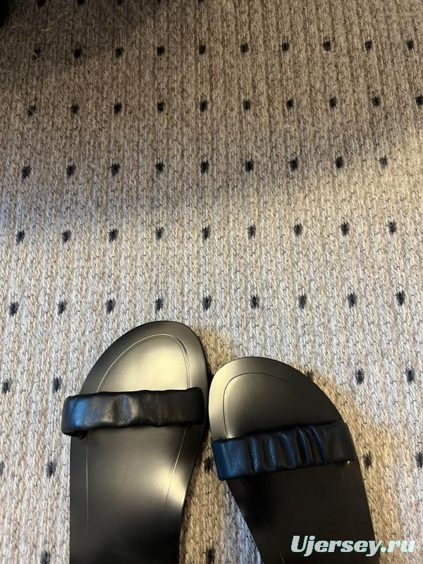 2025 Women The Row Black Leather Flat Sandals KFY00270