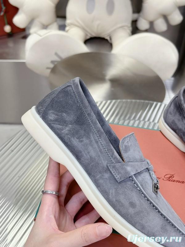 2024 Unisex Loro Piana Grey Suede Loafers MJ00270