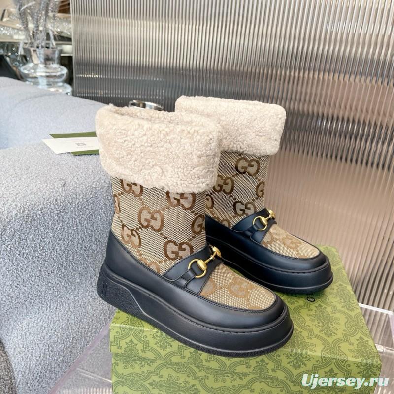 2024 Women Gucci Beige Brown Leather Shearling Snow Boots MJ00420