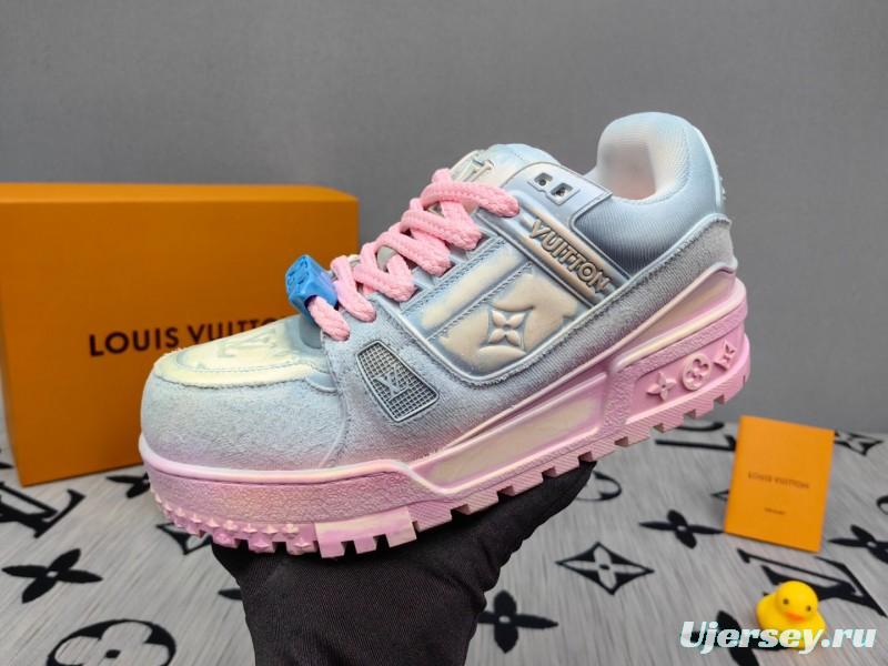 2025 Unisex Louis Vuitton Pink Grey Denim Sneakers KFY00510