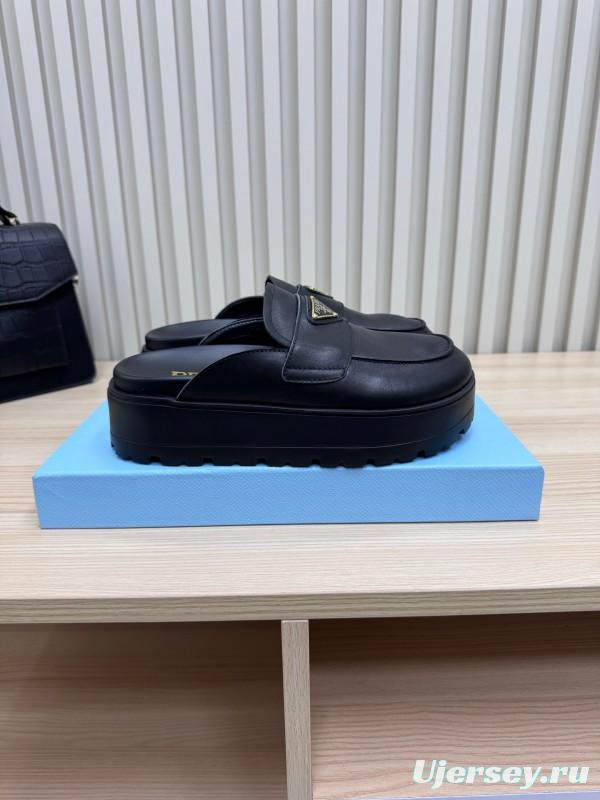 2025 Women Prada Black Leather Platform Loafers