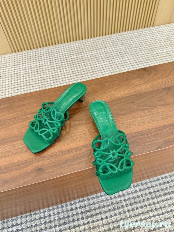 2025 Women Loewe Green Leather Heeled Sandals LY00250