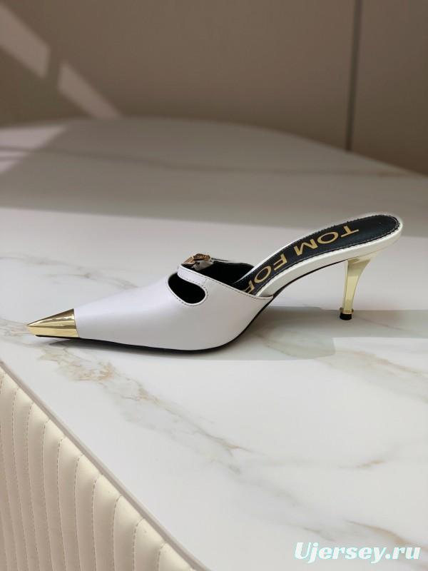 2025 Women TOM FORD White Gold Leather Pointed Toe Mules