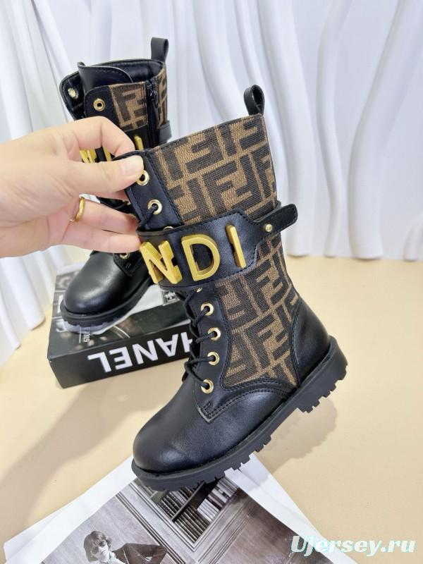 2024 Kids Fendi Black Brown Leather Fabric Boots
