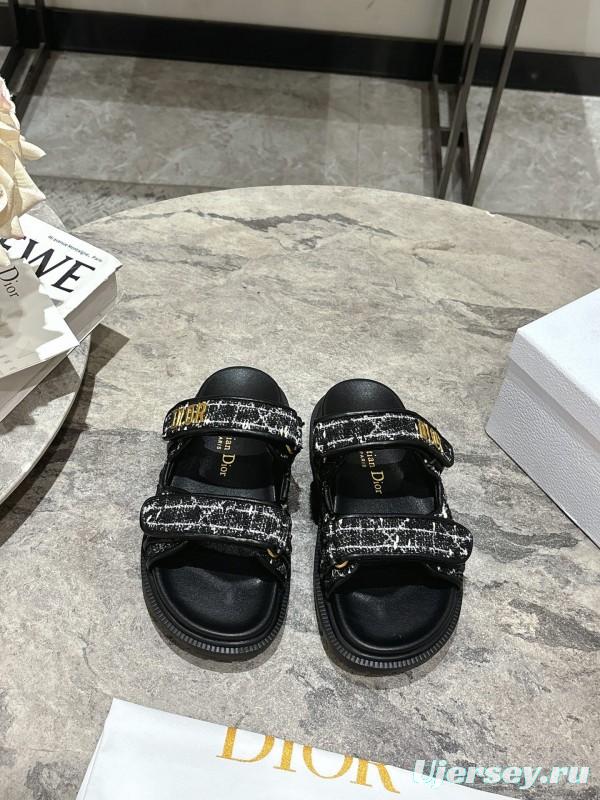 2025 Women Dior Black White Fabric Leather Sandals KFY00300