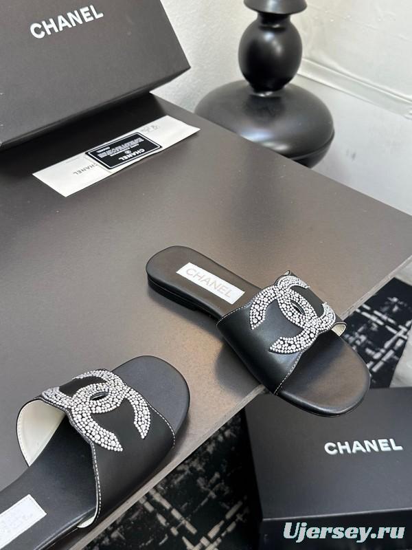 2025 Women Chanel Black Leather Rhinestone Logo Slide Sandals LY00360(F)