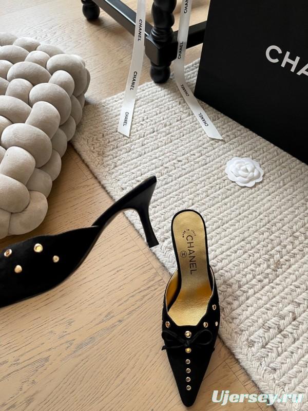 2025 Women Chanel Black Suede Pointed Toe Studded Mules